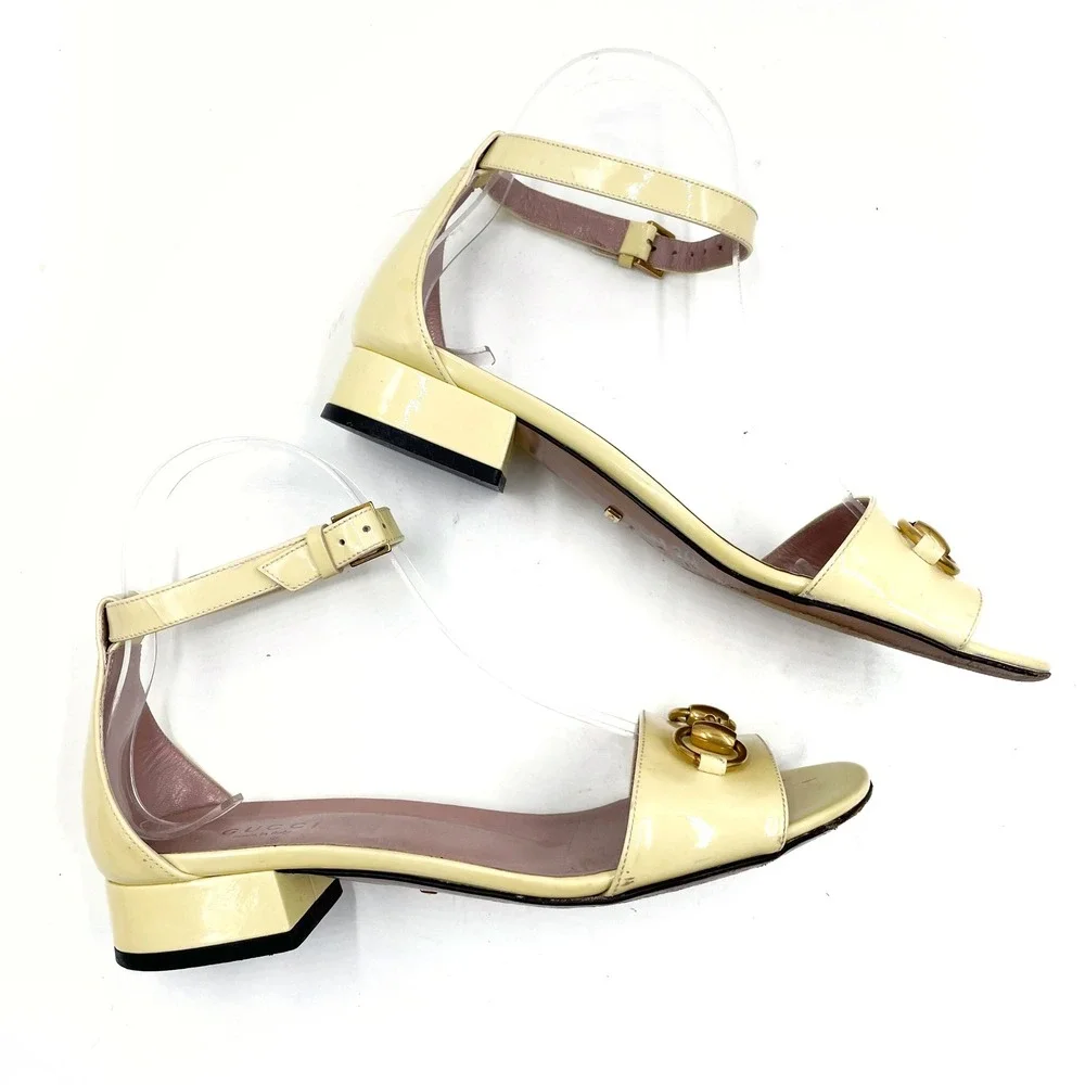 Gucci Horsebit Sandals Butter Yellow Patent Leather Low Heel Sz 36 / 6 - Picture 6 of 12